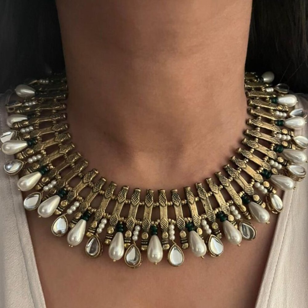 Afghan Choker Necklace: Tribal Spikes, Antique Pearls & Green Accents